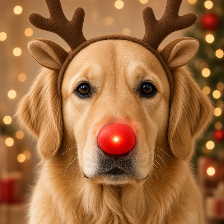 Christmas pet costume AI reindeer antlers and red nose